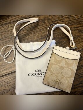 Coach Beige Signature Card Holder with White Trim and Lanyard